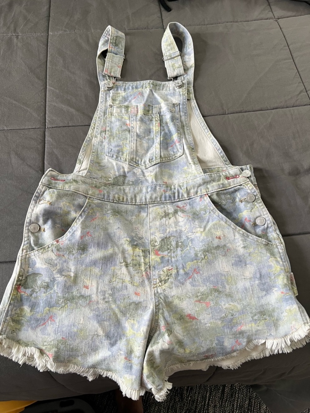 Pilcro Light Wash Floral Denim Short Overalls